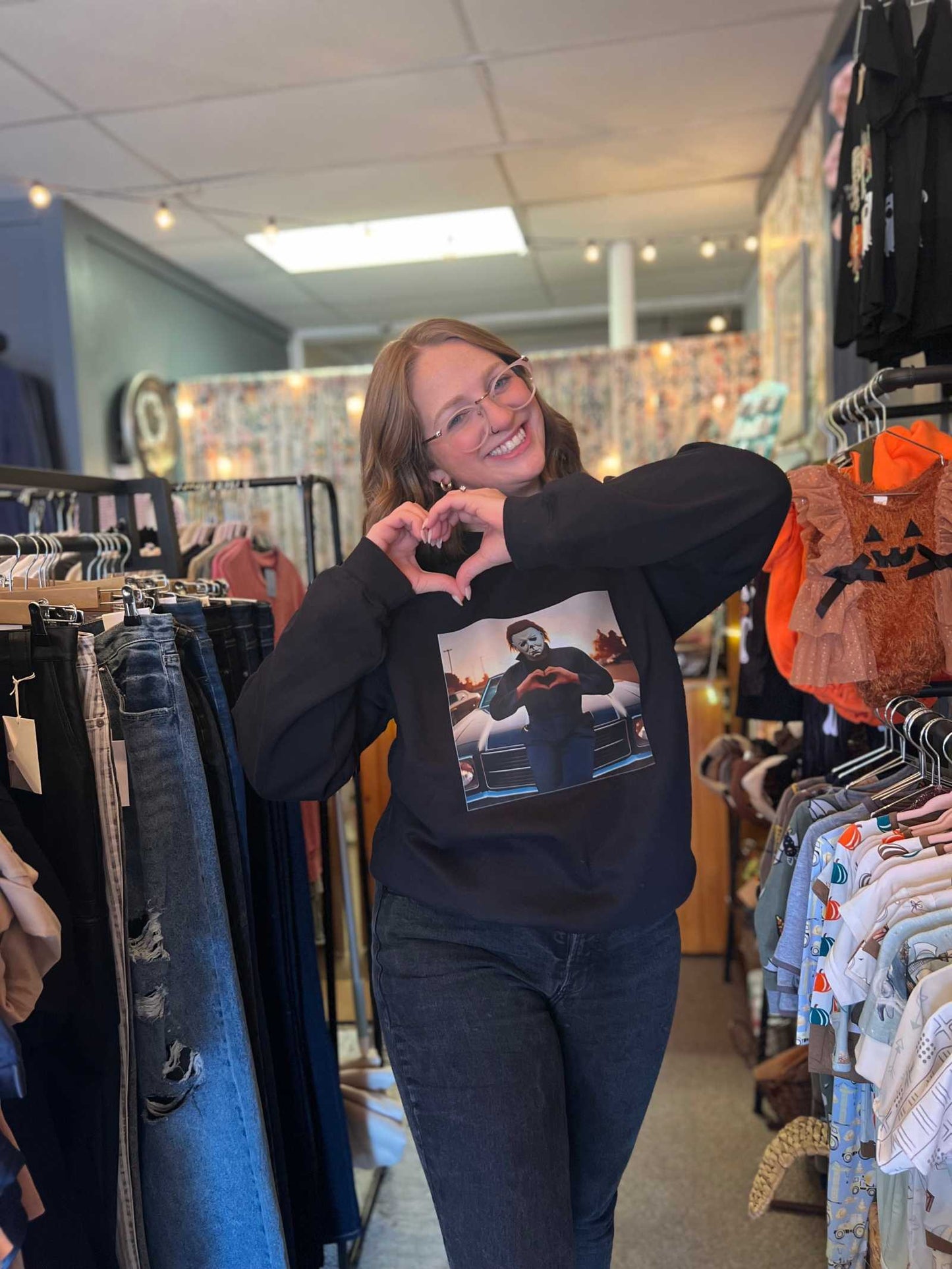 Micheal Myers Love Halloween Graphic Sweatshirt with spooky Michael Myers design.