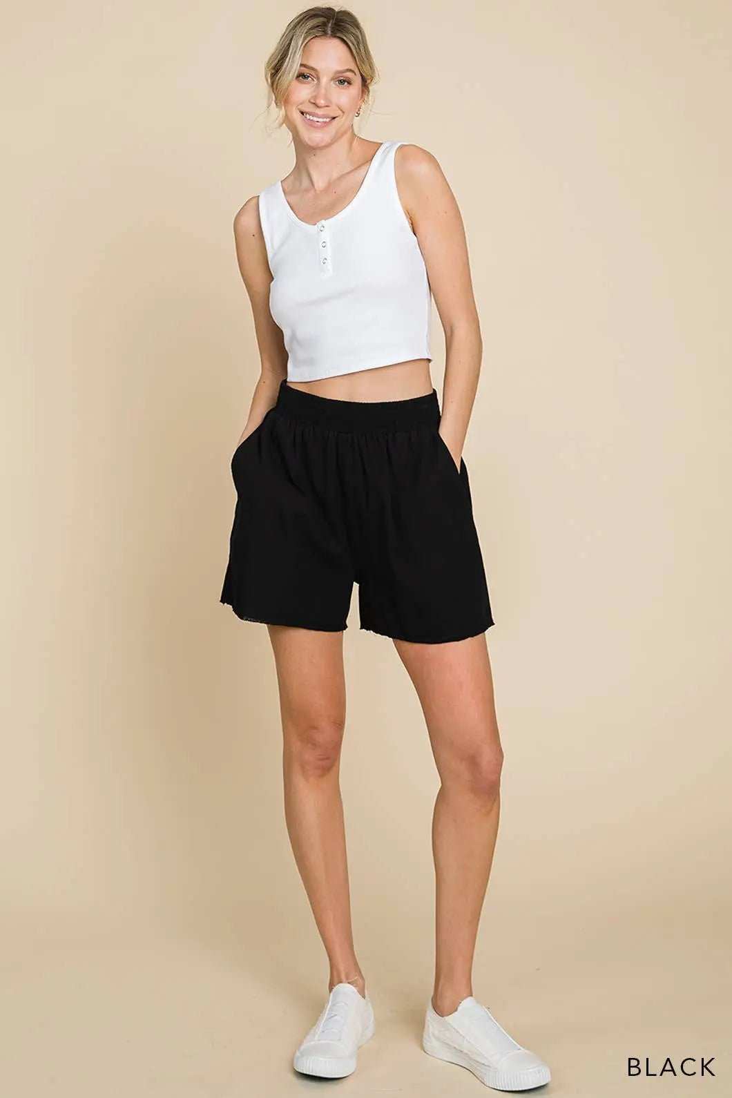 Casual Cotton Waist Shorts - Smocking Waist Detailed ShortsCotton Bleu