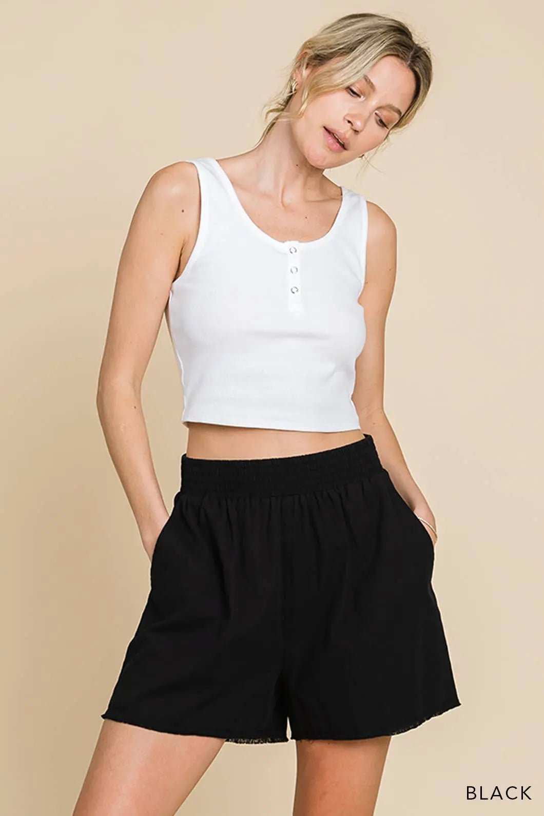 Casual Cotton Waist Shorts - Smocking Waist Detailed ShortsCotton Bleu