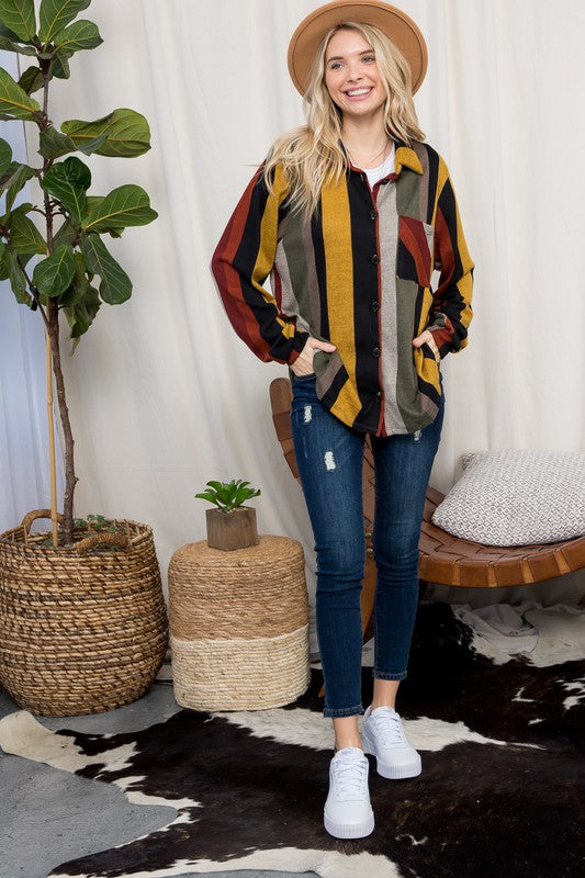 COZY STRIPE BUTTON DOWN SHACKET - Jojo’s Boutique