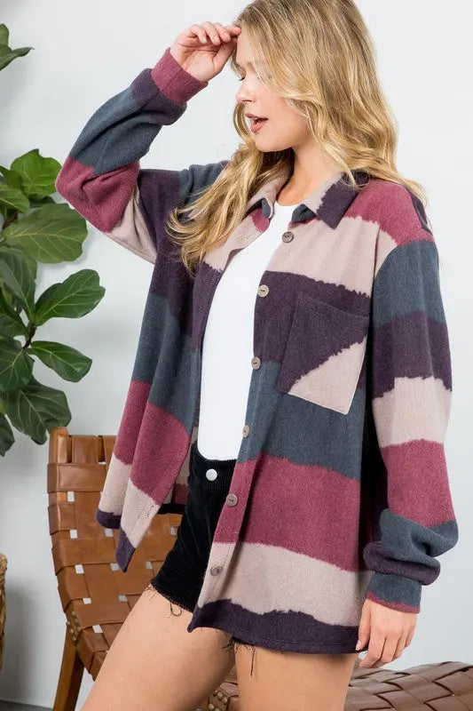 FUZZY STRIPE BUTTON DOWN SHACKET - Jojo’s Boutique