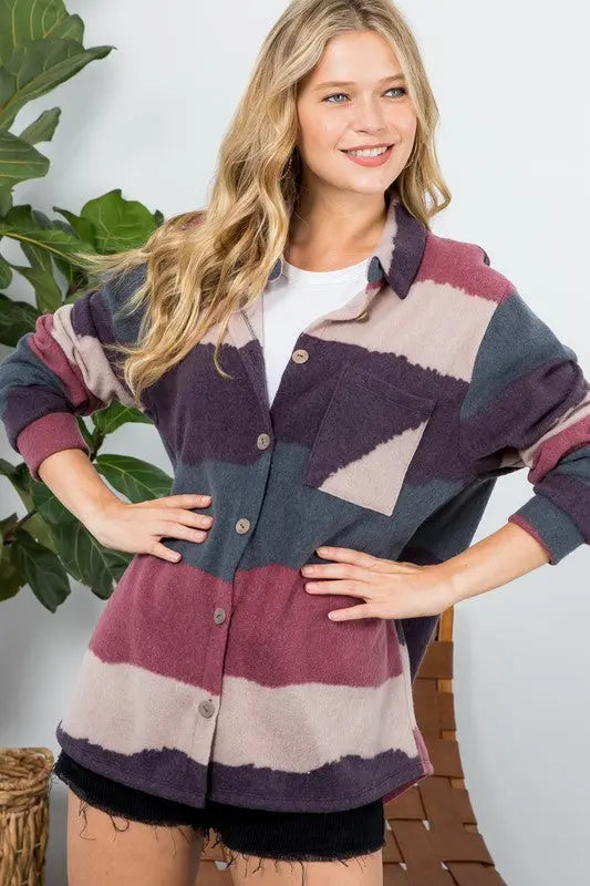 FUZZY STRIPE BUTTON DOWN SHACKET - Jojo’s Boutique