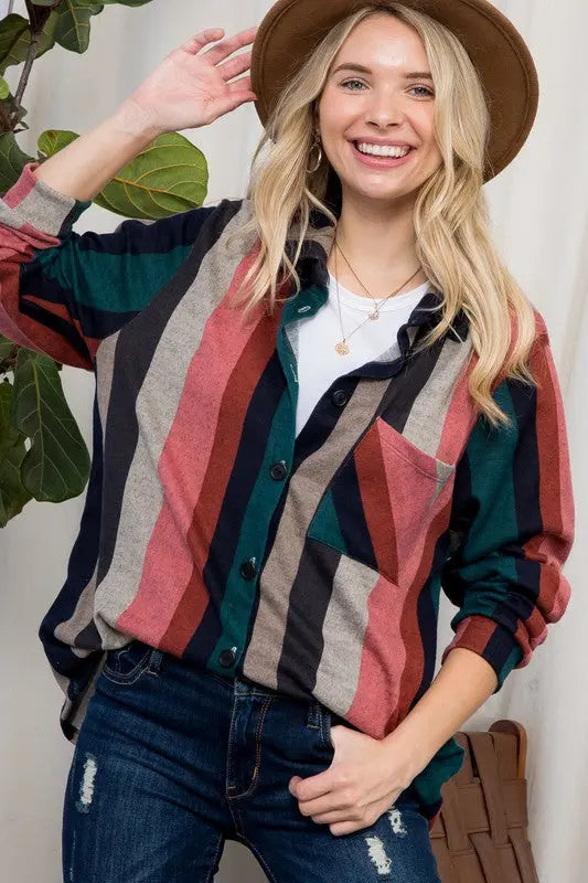 COZY STRIPE BUTTON DOWN SHACKET - Jojo’s Boutique