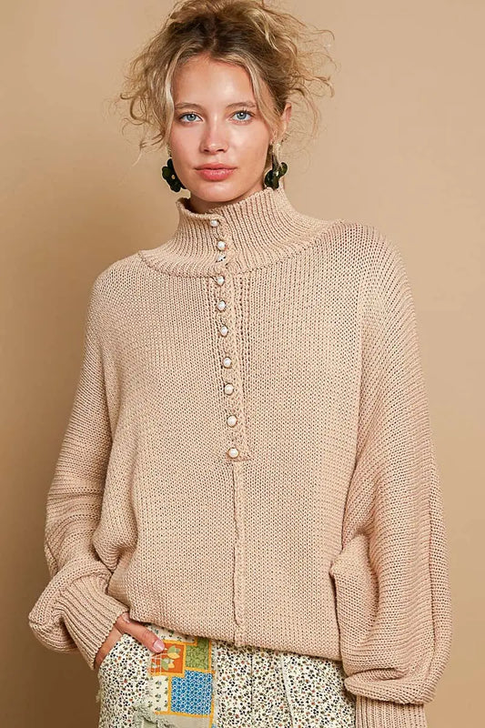 POL Pearl Detail Turtleneck Long Sleeve Sweater Trendsi Jojo’s Boutique