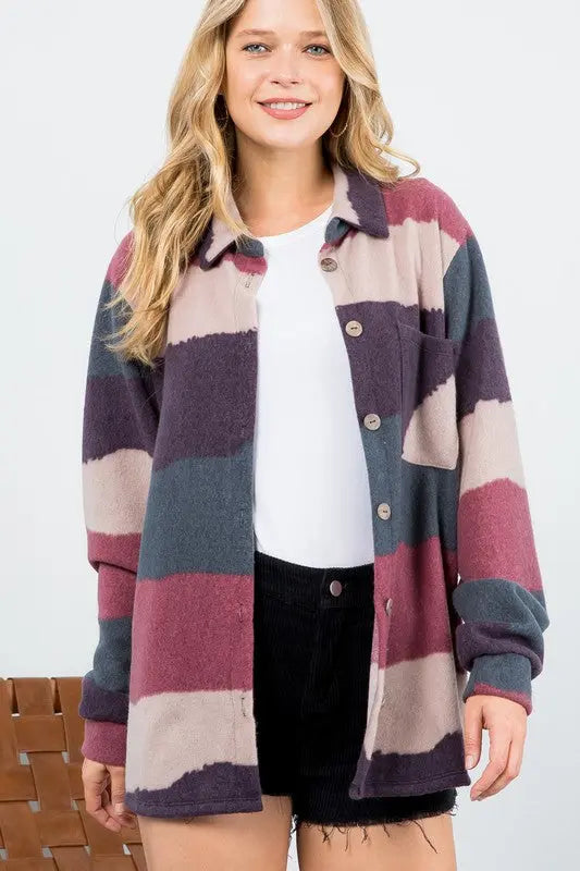 FUZZY STRIPE BUTTON DOWN SHACKET - Jojo’s Boutique