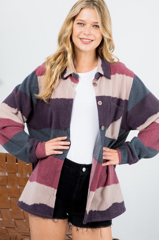 FUZZY STRIPE BUTTON DOWN SHACKET - Jojo’s Boutique