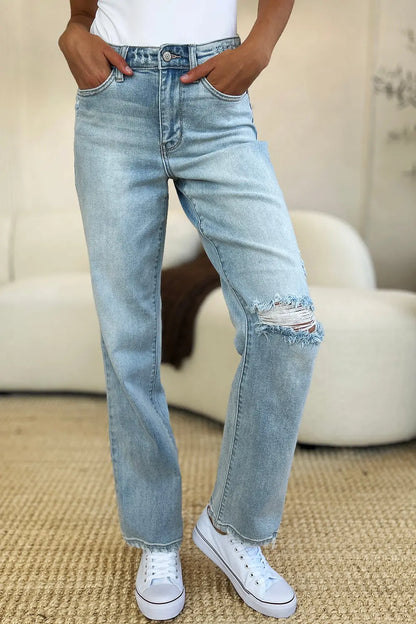 Judy Blue Full Size High Waist Distressed Straight Jeans Trendsi Jojo’s Boutique