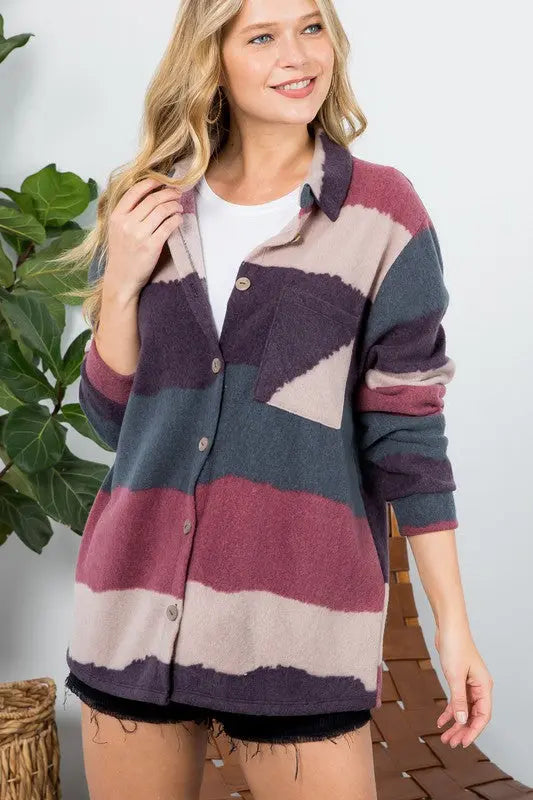 FUZZY STRIPE BUTTON DOWN SHACKET - Jojo’s Boutique