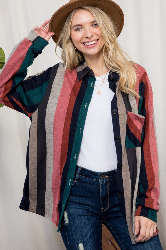 COZY STRIPE BUTTON DOWN SHACKET - Jojo’s Boutique