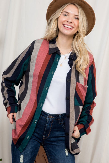 COZY STRIPE BUTTON DOWN SHACKET - Jojo’s Boutique