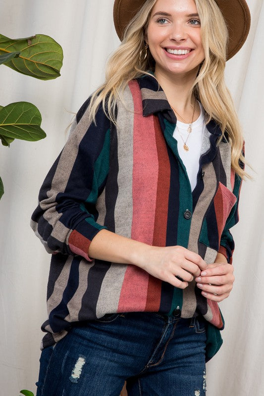 COZY STRIPE BUTTON DOWN SHACKET - Jojo’s Boutique