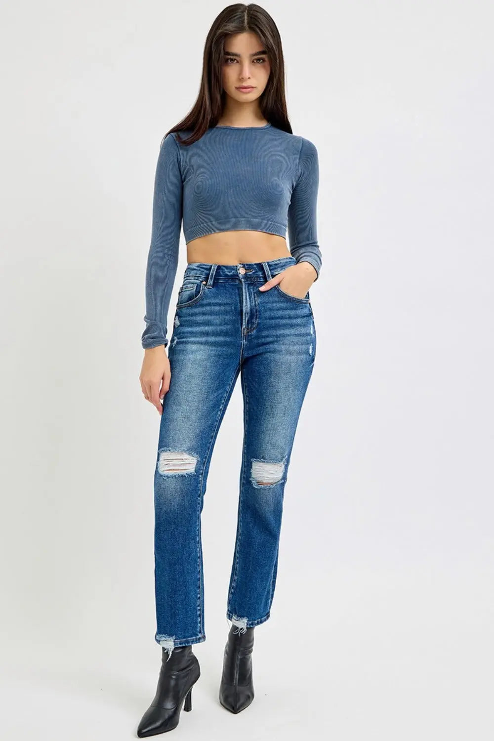 RISEN Full Size High Rise Distressed Crop Straight Jeans Trendsi Jojo’s Boutique