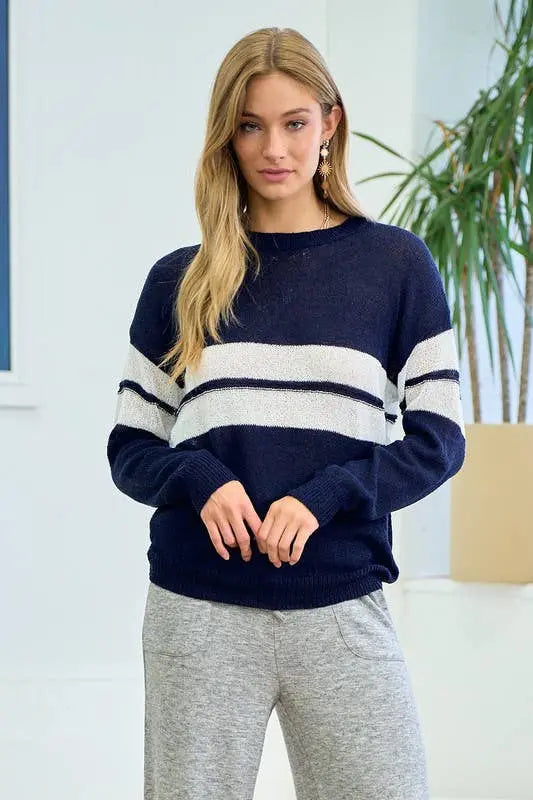 Lightweight Knit Sweater With Big Stripe - 1602C Doe and Rae Jojo’s Boutique