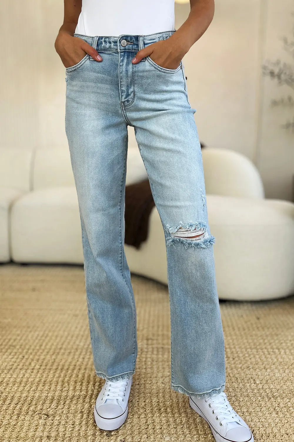 Judy Blue Full Size High Waist Distressed Straight Jeans Trendsi Jojo’s Boutique