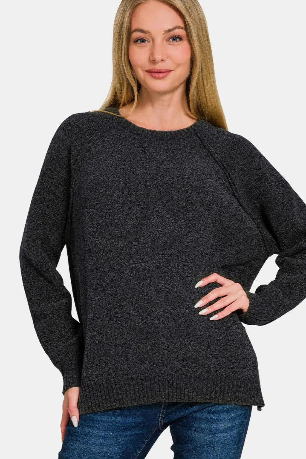 Zenana Side Slit Raglan Sleeve Sweater Trendsi Jojo’s Boutique