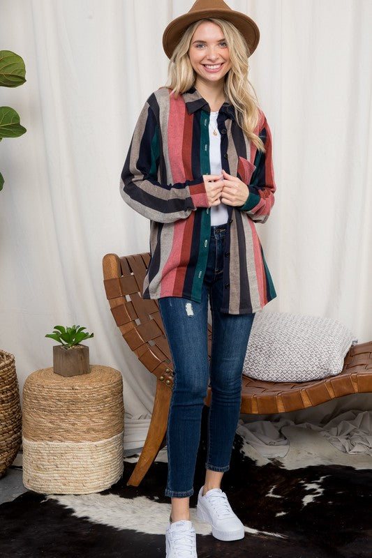 COZY STRIPE BUTTON DOWN SHACKET - Jojo’s Boutique