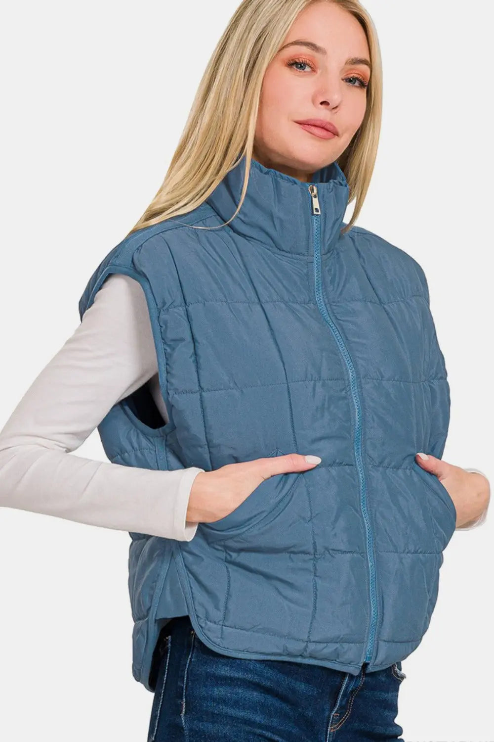 Zenana Zip Up Cropped Puffer Vest with Pockets Trendsi Jojo’s Boutique