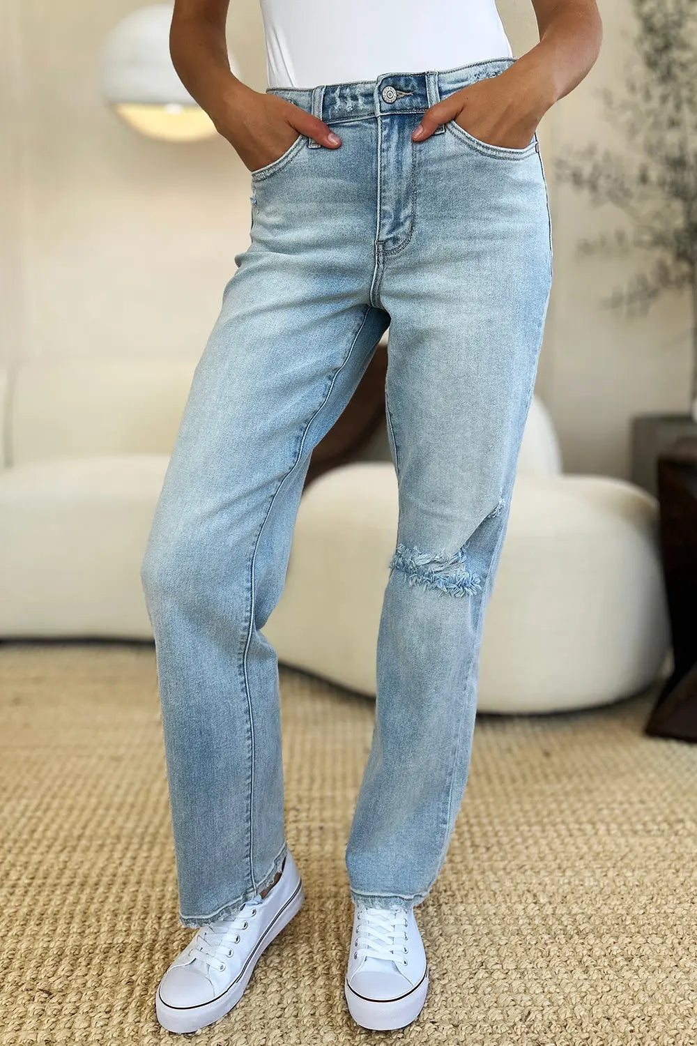 Judy Blue Full Size High Waist Distressed Straight Jeans Trendsi Jojo’s Boutique