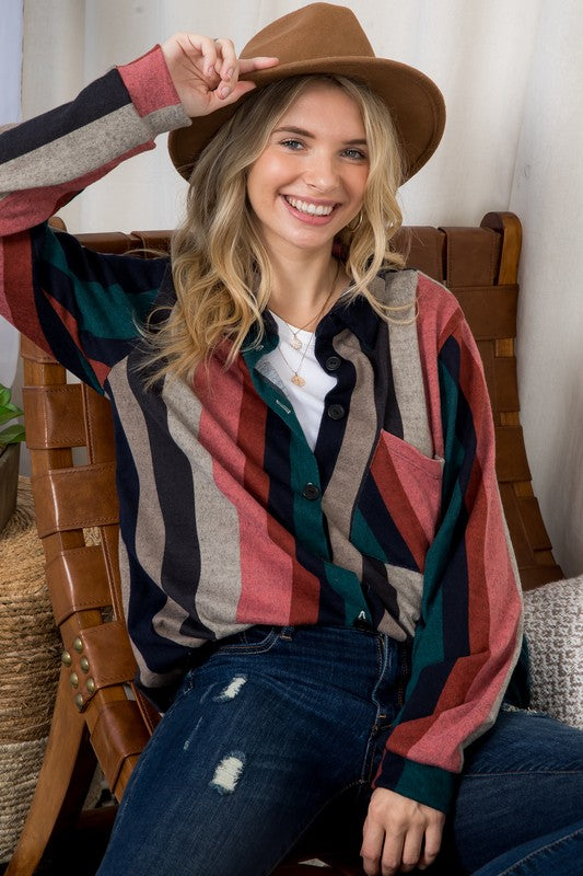 COZY STRIPE BUTTON DOWN SHACKET - Jojo’s Boutique