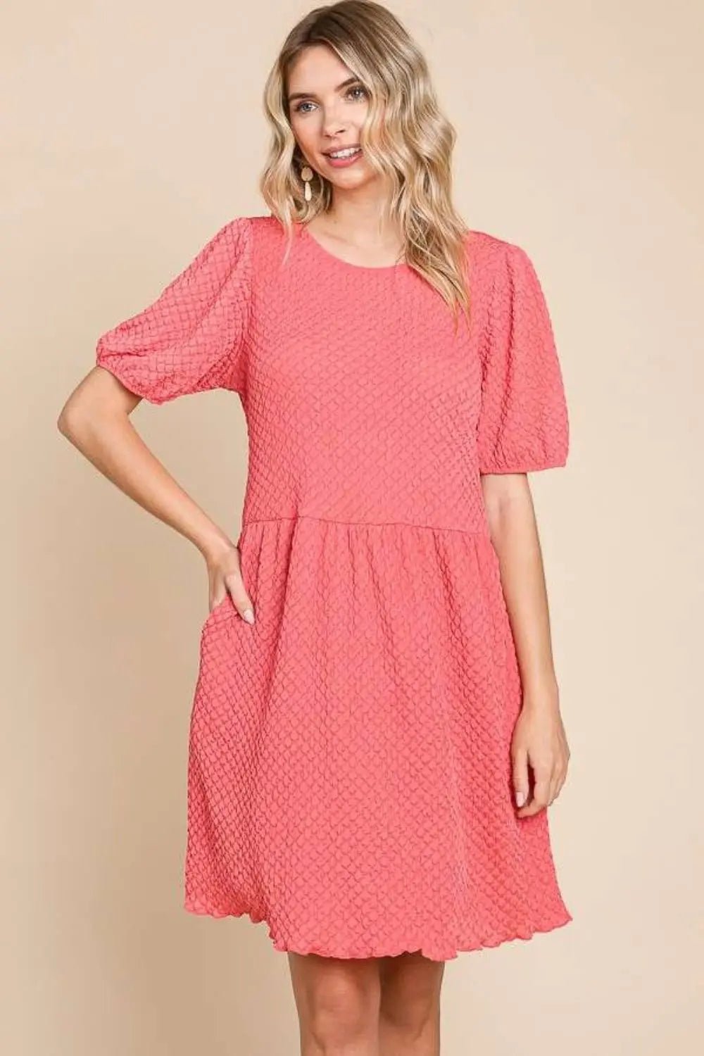 Culture Code Full Size Textured Round Neck Puff Sleeve DressTrendsi