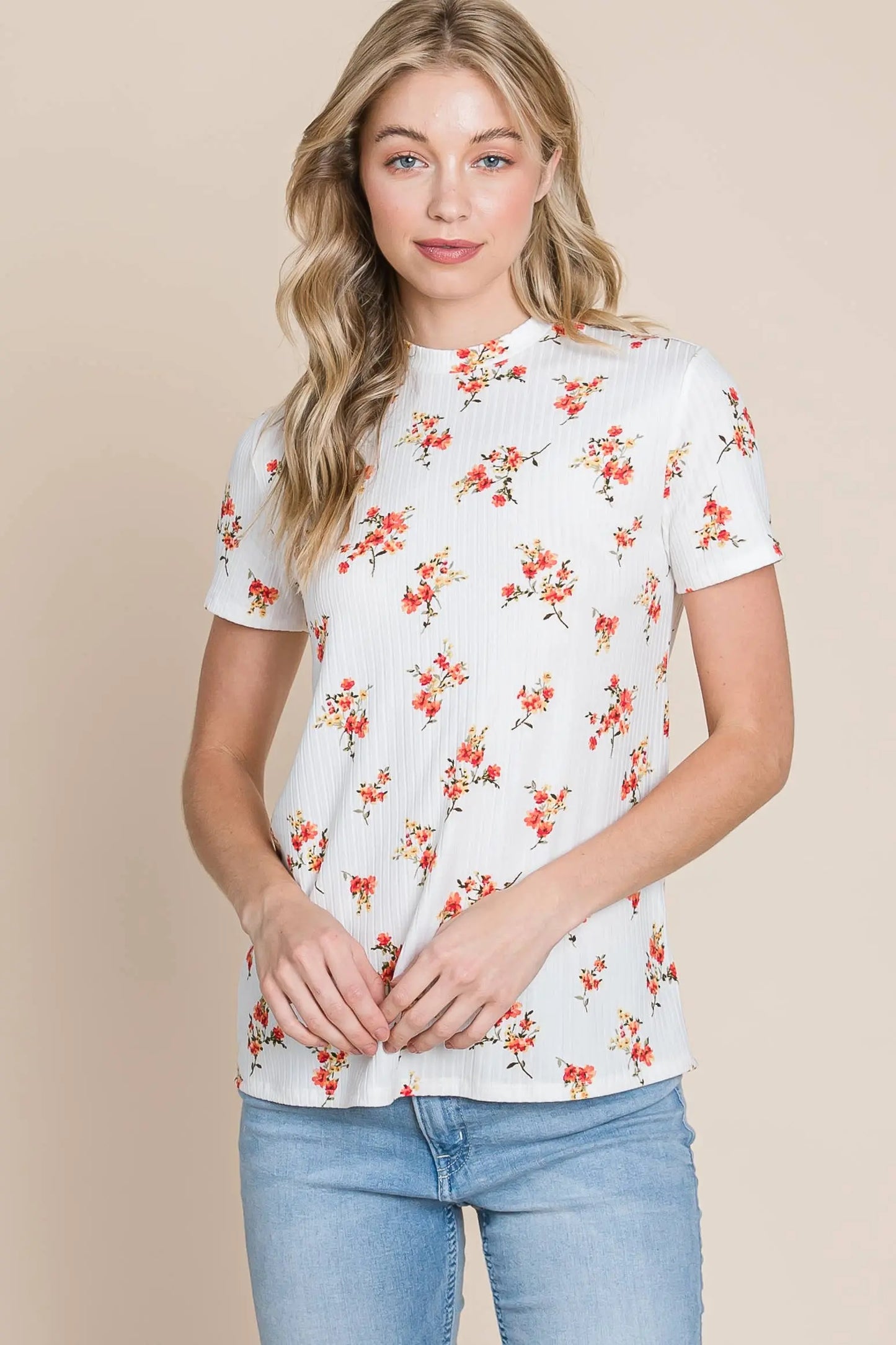 Floral Mock Neck Tee - Jojo’s Boutique