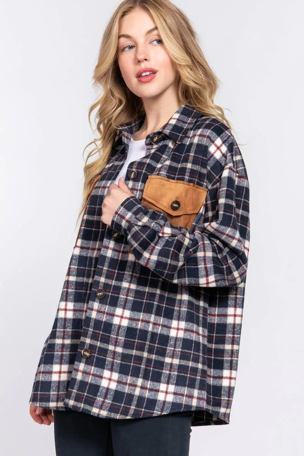 ",.Suede Pocket Brushed Plaid Shacket 42POPS Jojo’s Boutique