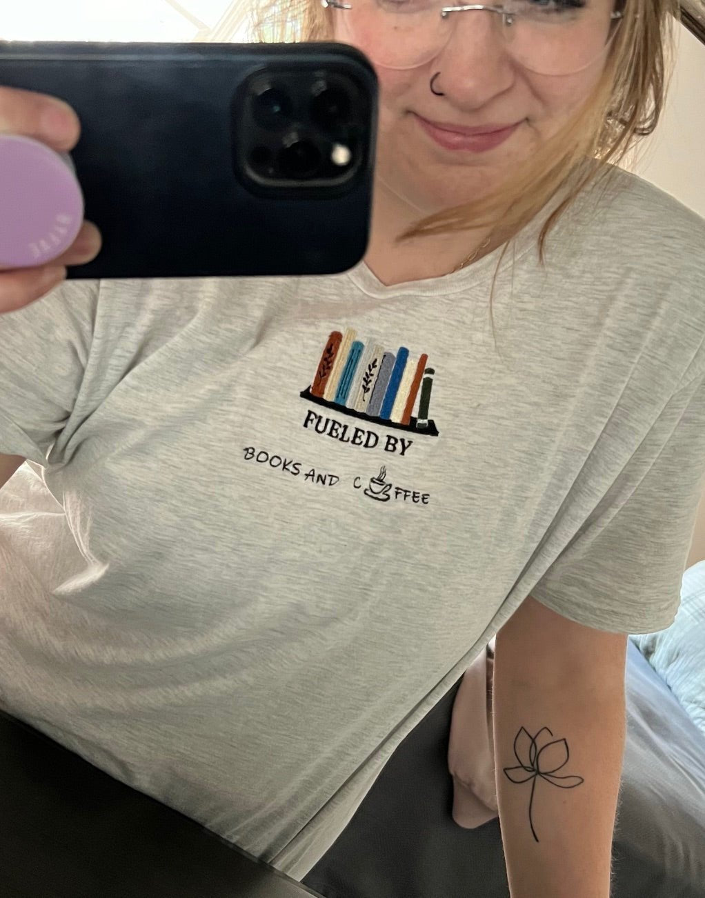 Fueled by Books and Coffee Embroidered T - ShirtJojo’s Boutique