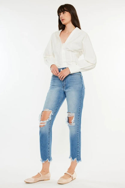 Kancan Distressed Frayed Hem Cropped JeansTrendsi