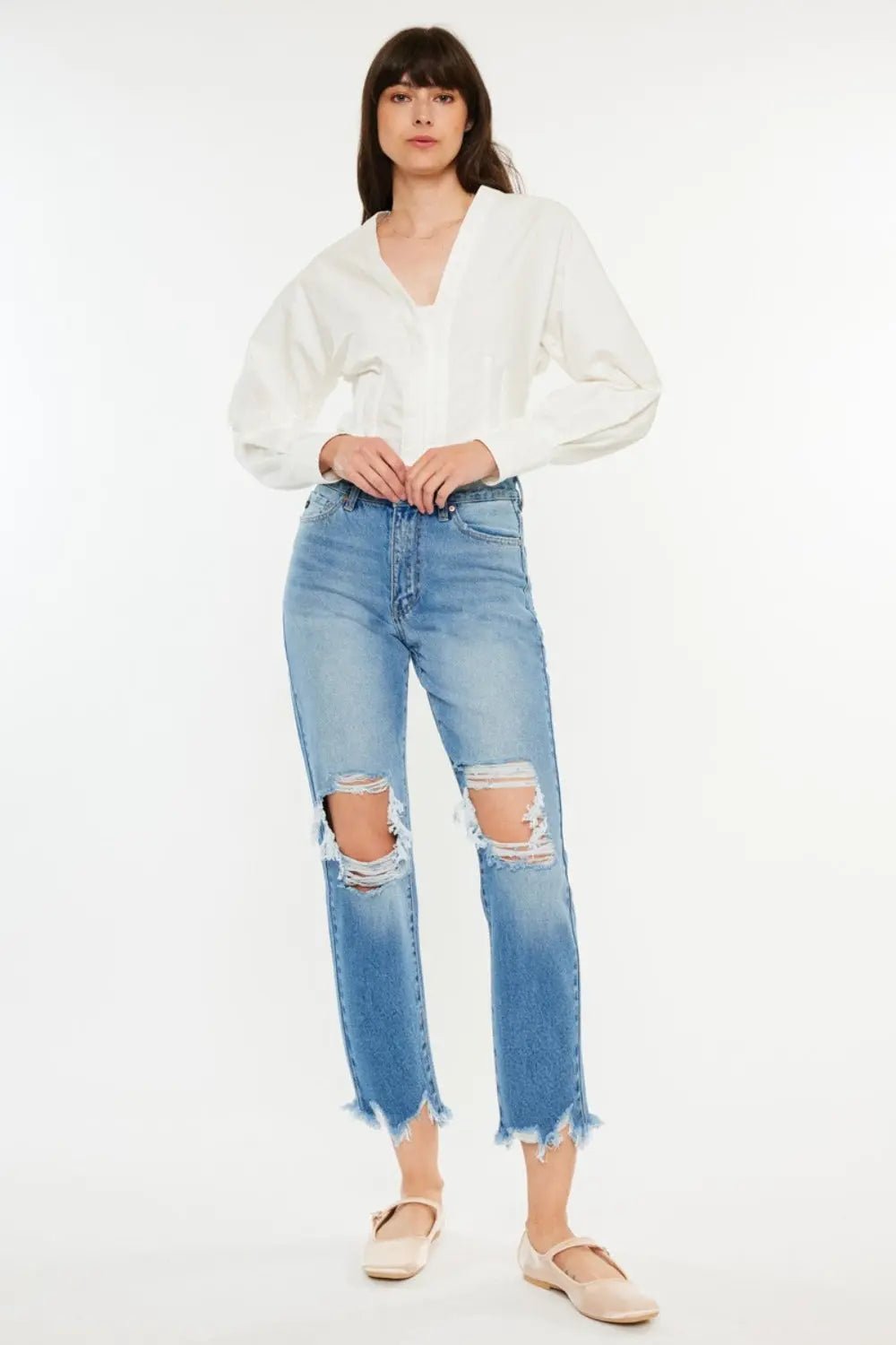 Kancan Distressed Frayed Hem Cropped JeansTrendsi