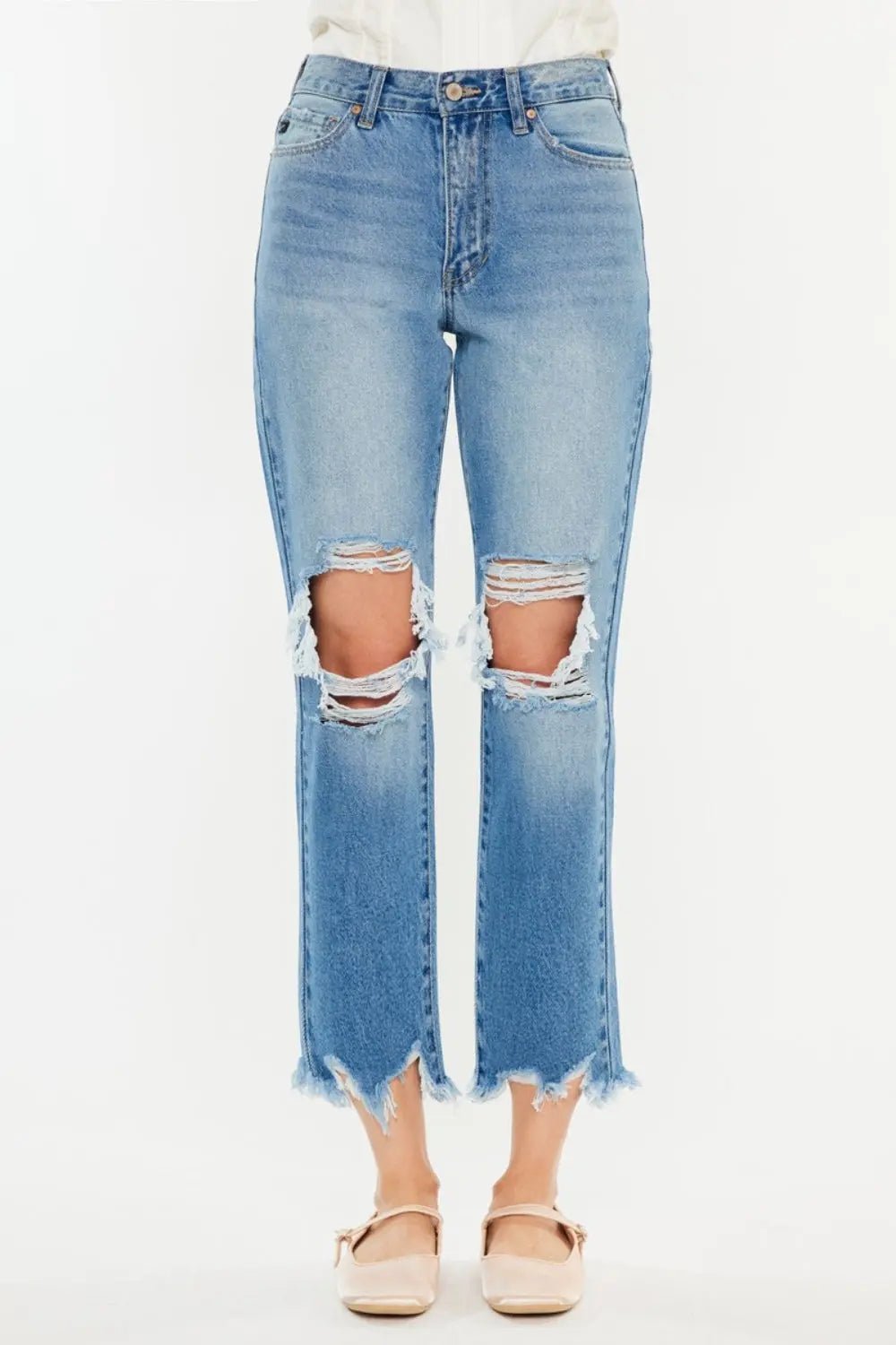 Kancan Distressed Frayed Hem Cropped JeansTrendsi