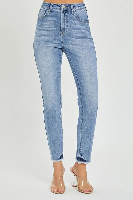 RISEN Full Size Frayed Hem High Rise Skinny JeansTrendsi