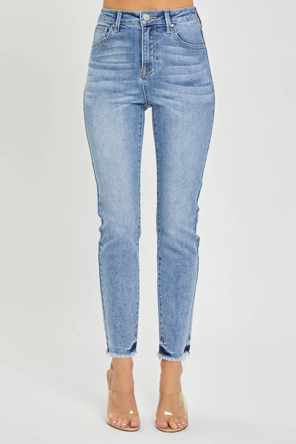 RISEN Full Size Frayed Hem High Rise Skinny JeansTrendsi