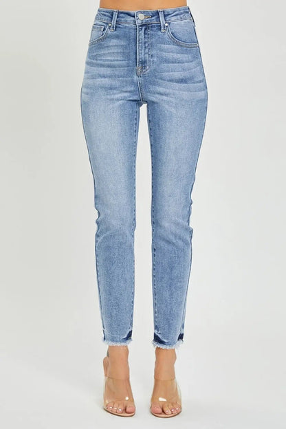 RISEN Full Size Frayed Hem High Rise Skinny JeansTrendsi