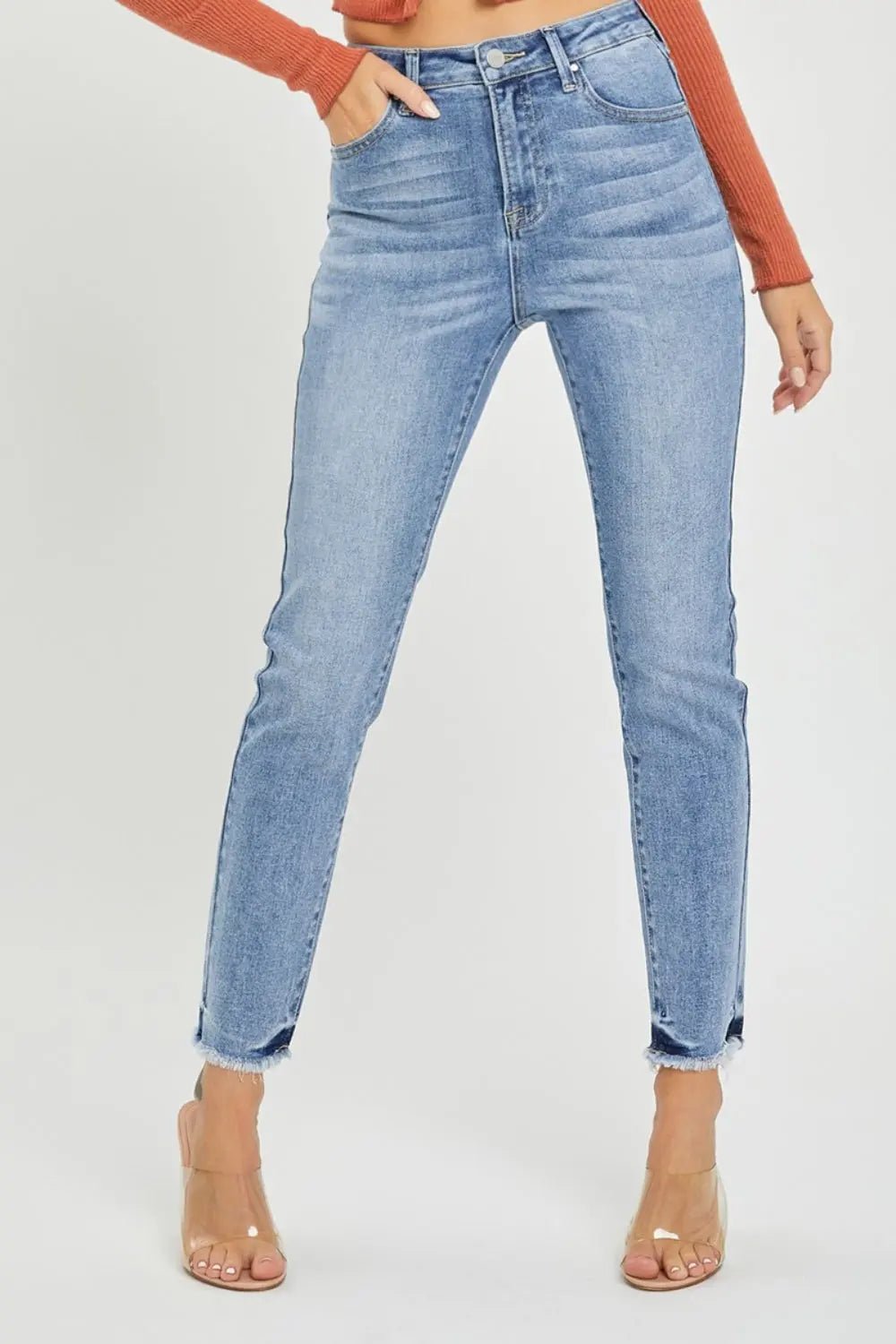 RISEN Full Size Frayed Hem High Rise Skinny JeansTrendsi