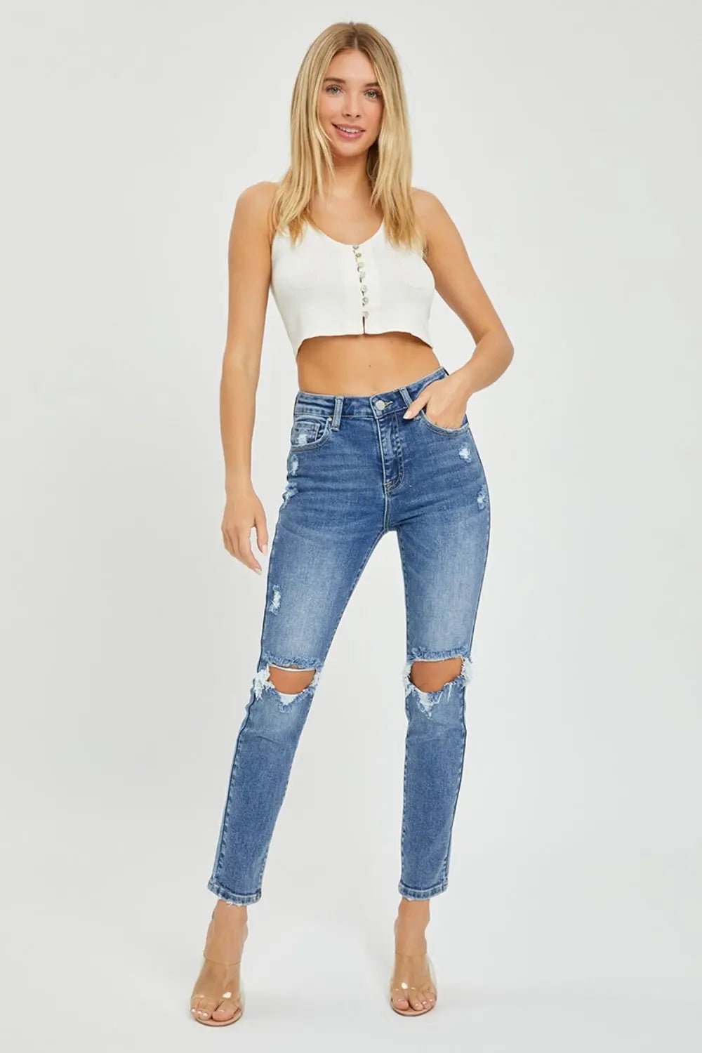 Risen Full Size High Rise Knee Distressed Skinny JeansRisen