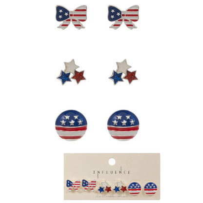 Stars and Stripes Jewelry - US Flag Print Bow Stars Post Earrings SetFashion City