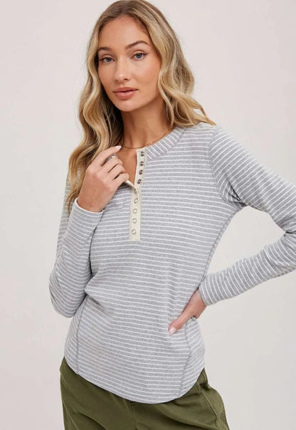 Striped Long Sleeve Henley Knit Top with ButtonsBLUIVY