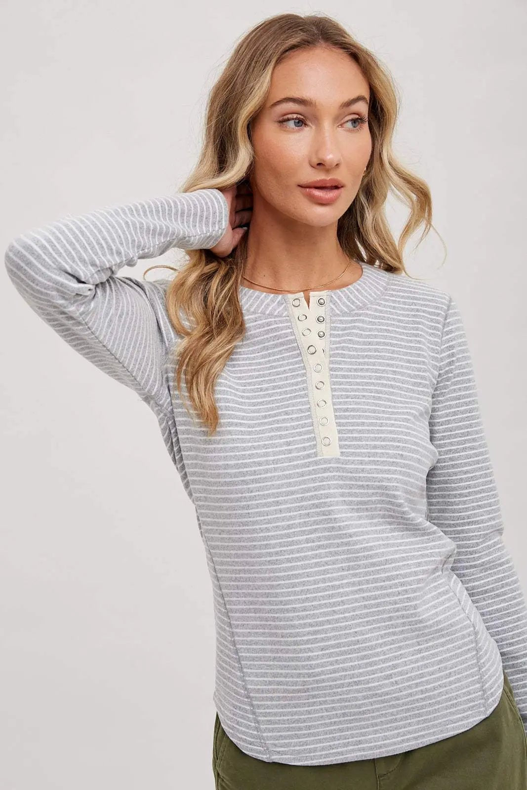 Striped Long Sleeve Henley Knit Top with ButtonsBLUIVY