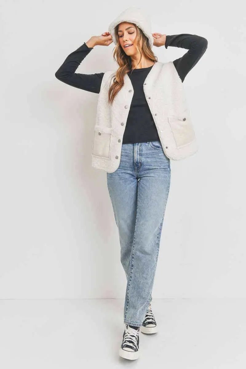 V Neck Shearling Vest Snap ButtonsCherish Apparel