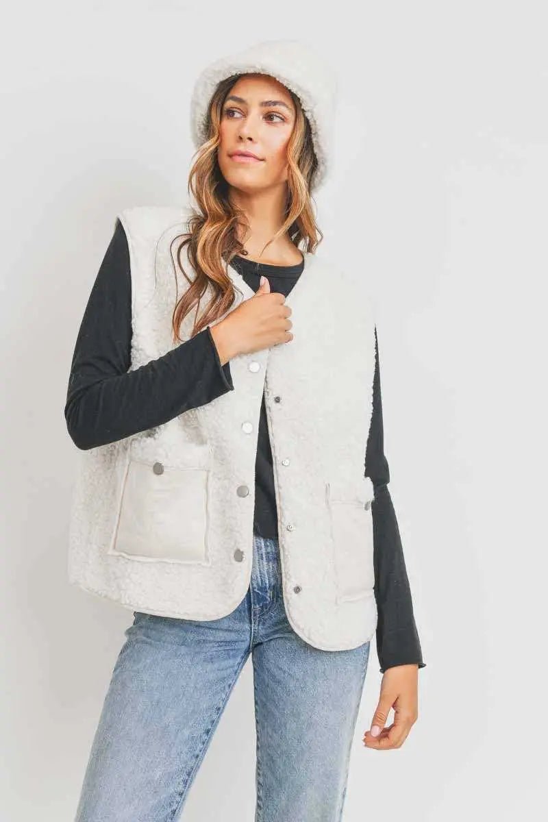 V Neck Shearling Vest Snap ButtonsCherish Apparel