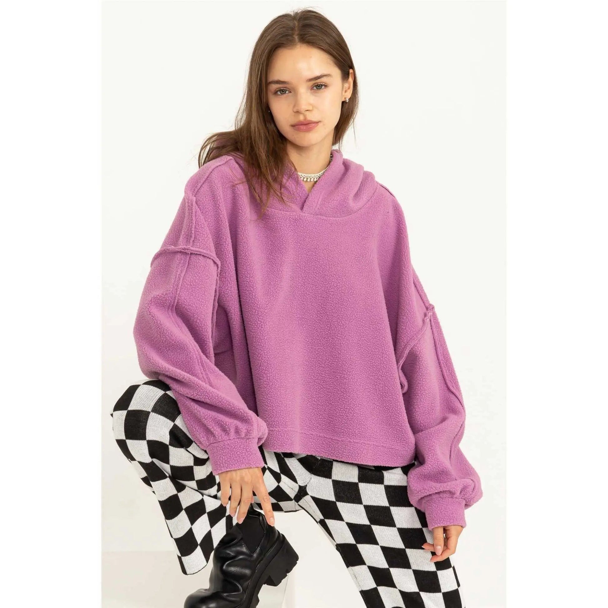 Warm Hug Fluffy Crop Drop Shoulder HoodieHYFVE