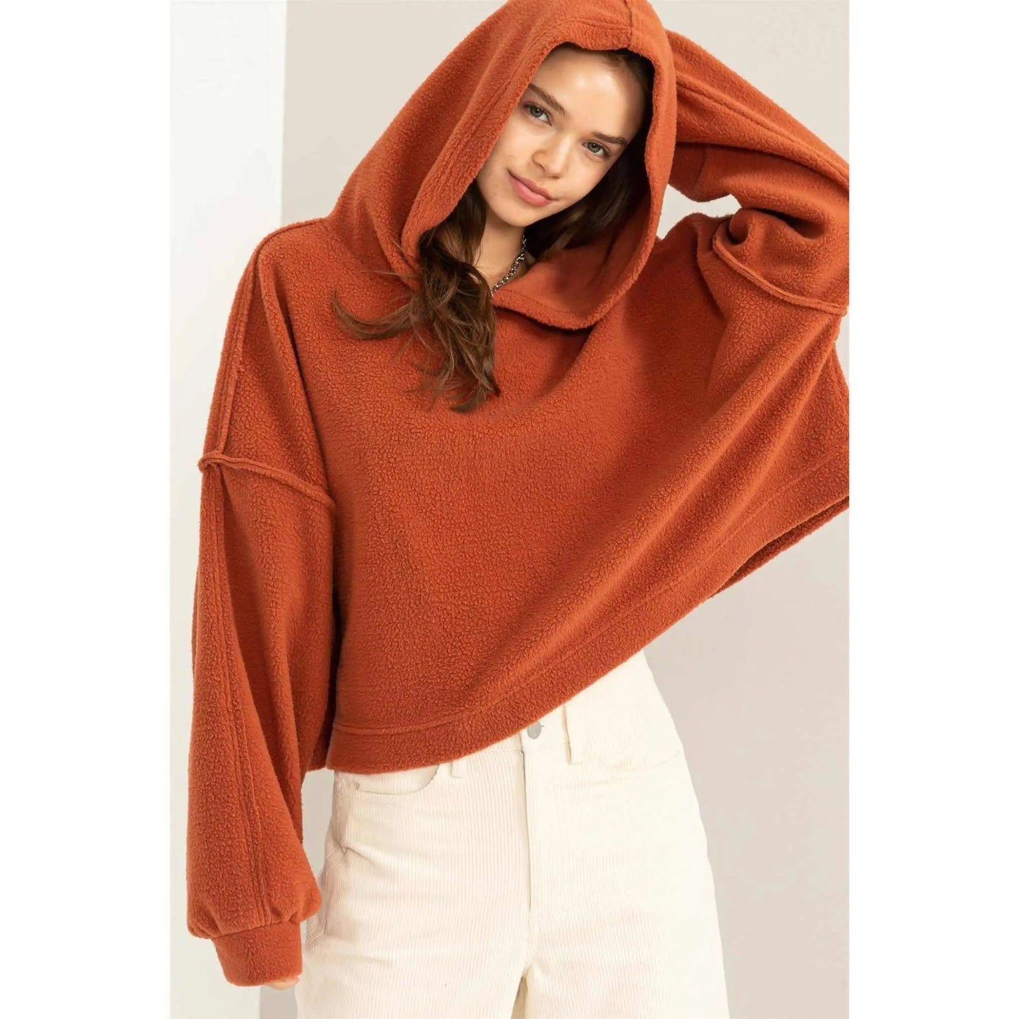 Warm Hug Fluffy Crop Drop Shoulder HoodieHYFVE