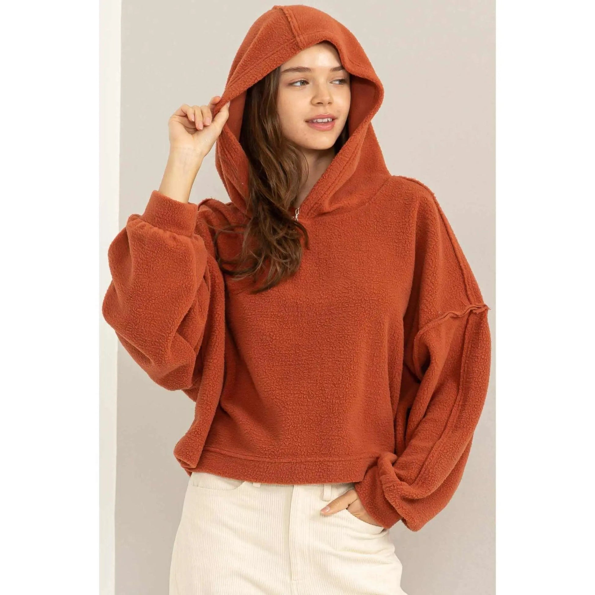 Warm Hug Fluffy Crop Drop Shoulder HoodieHYFVE