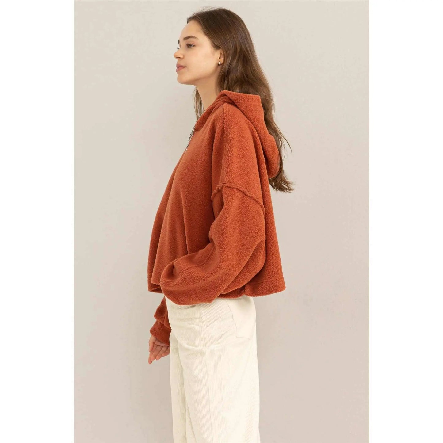 Warm Hug Fluffy Crop Drop Shoulder HoodieHYFVE