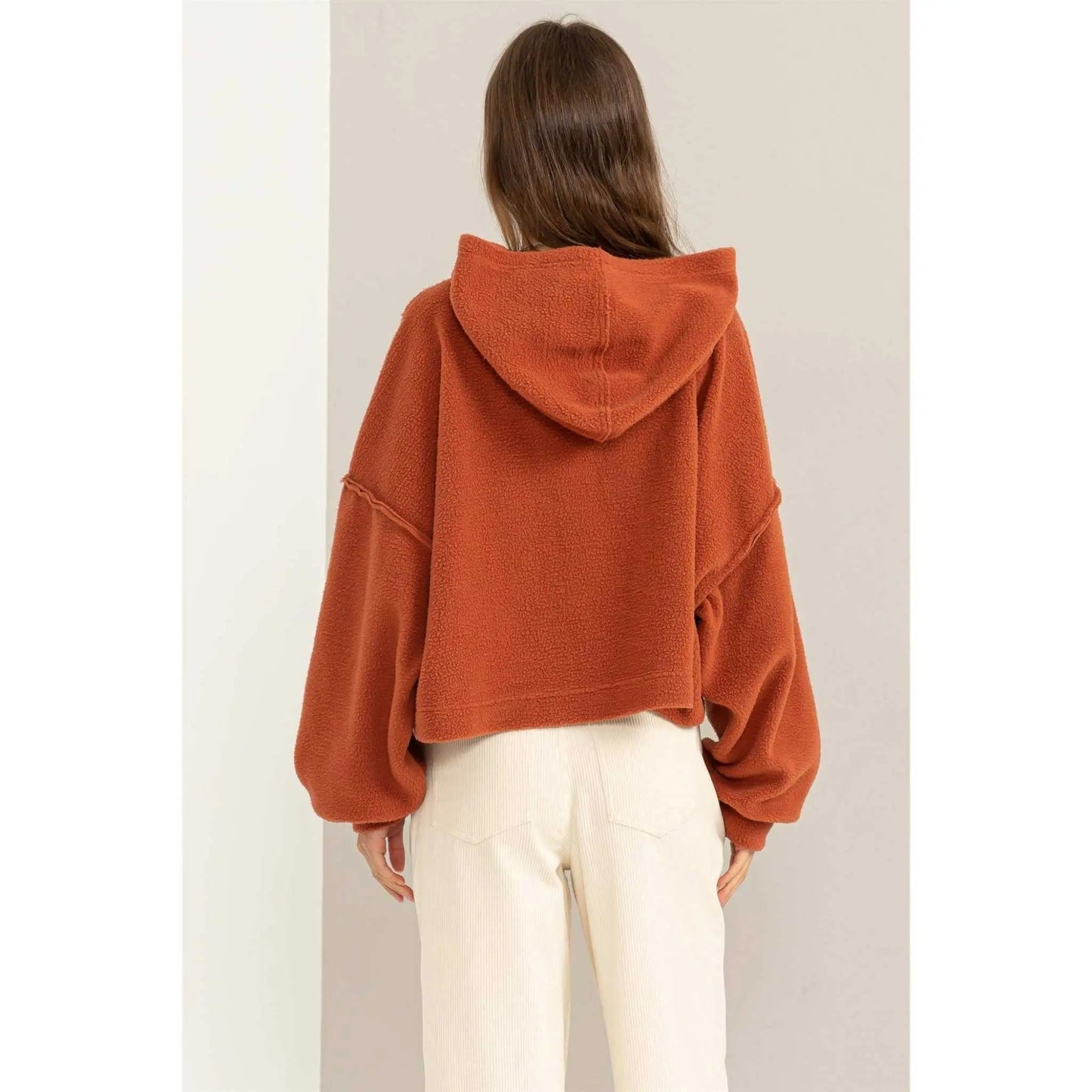 Warm Hug Fluffy Crop Drop Shoulder HoodieHYFVE