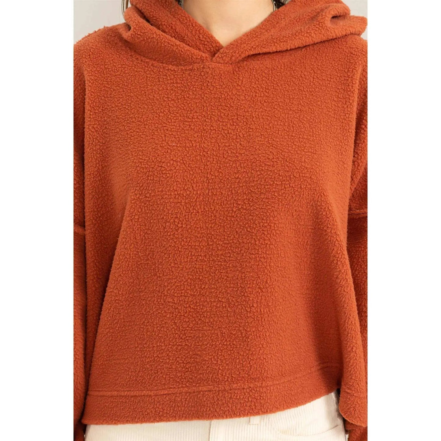 Warm Hug Fluffy Crop Drop Shoulder HoodieHYFVE